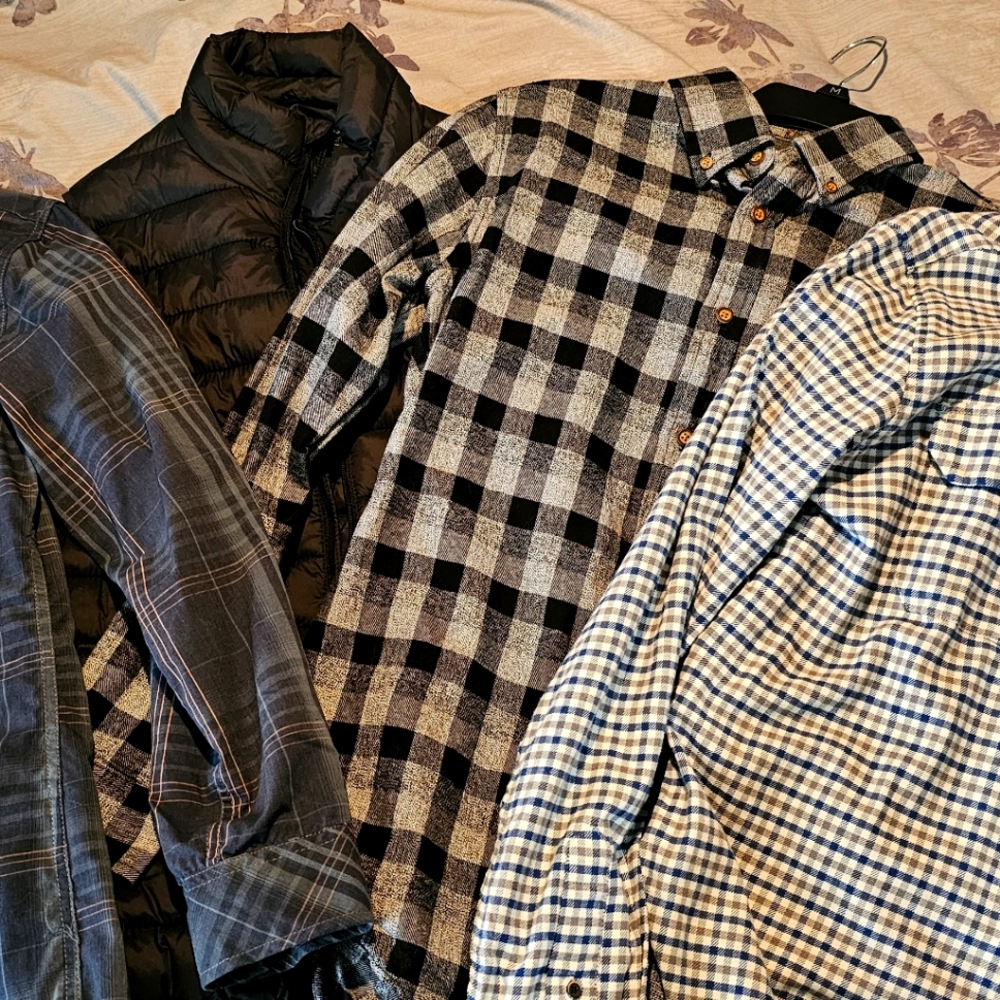 Lot of Young Men's long sleeve button down shirts with black puffy vest